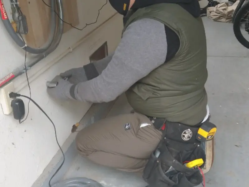 Electrician performing outlet wiring in a Dumas garage